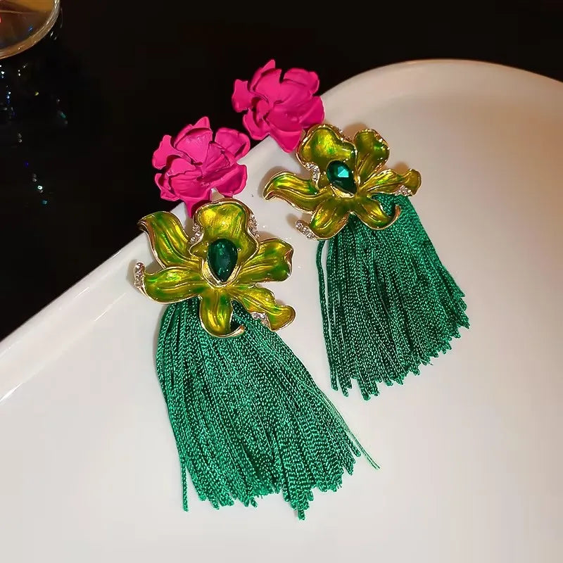 Fashionable New Flower Exaggerated Long Tassel Earrings