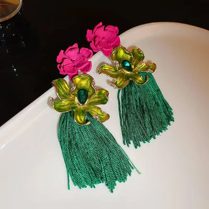 Fashionable New Flower Exaggerated Long Tassel Earrings