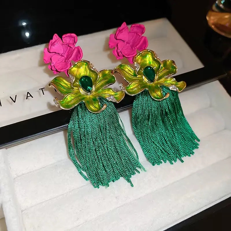 Fashionable New Flower Exaggerated Long Tassel Earrings
